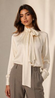 Rodebjer Rorie cupro vegan silk Tie Neck Blouse Cream Bow Blouse Quiet Luxury Mi